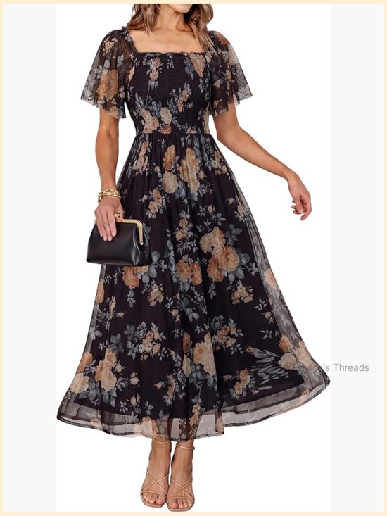 Dresses & Skirts - Square Neck Mesh Short Sleeve Smocked Flowy Boho Maxi Dress
